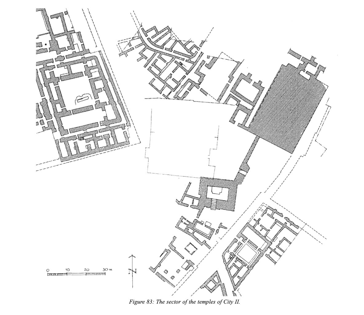 12/ Temples were found almost throughout the entirety of the city of Mari, at least during its phases II and III. However, primary religious buildings were mostly centered in two zones: the Sacred Precinct in the west and the Massif Rouge in the east.