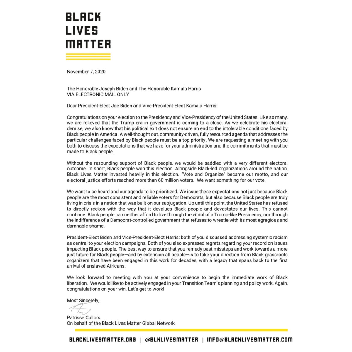 The night of their victory, we sent  @joebiden and  @kamalaharris a letter requesting a meeting.It has now been 32 days and we have yet to receive a response. To set up a meeting with civil rights leaders, without BLM, is unacceptable.