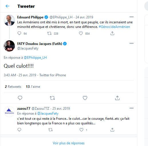 Le duo malaisant qu'il forme avec Jacques Faty pour se succéder dans la lèche pro-Erdogan, à dire des horreurs puis se retweeter ou liker l'un l'autre. Comme par ex quand ils s'en prennent au Premier ministre pour avoir parlé du génocide arménien qu'ils nient.  #lunécritlautrelike