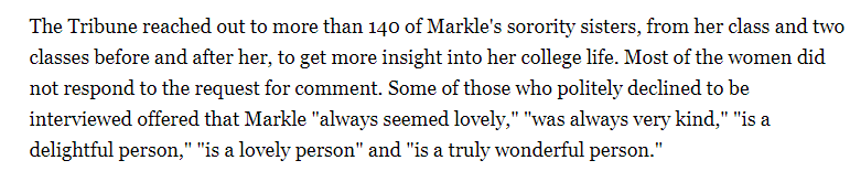  #MeghanMarkle recalled as dignified, charitable during her Northwestern days. The Tribune reached out to more than 140 of Markle's sorority sisters, from her class and two classes before and after her, to get more insight into her college life. 1/2