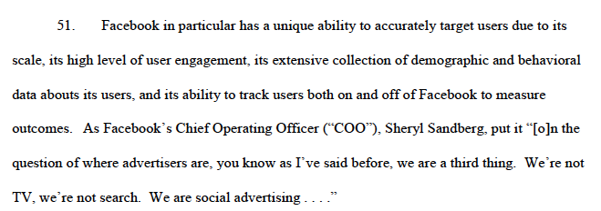It's all about harvesting data outside of consumer expectations - intersection of data and competition. Note complaint states Facebook's unique ability to target/track users/data on & off Facebook's properties. UK Competition authority also nailed this - their "secret sauce." /9