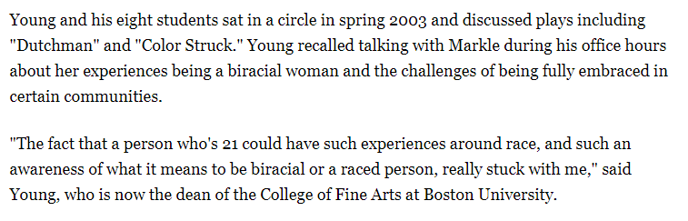 Young recalled talking with  #MeghanMarkle during his office hours about her experiences being a biracial woman and the challenges of being fully embraced in certain communities. And so many years later Meghan is still facing difficulties being embraced by certain communities.