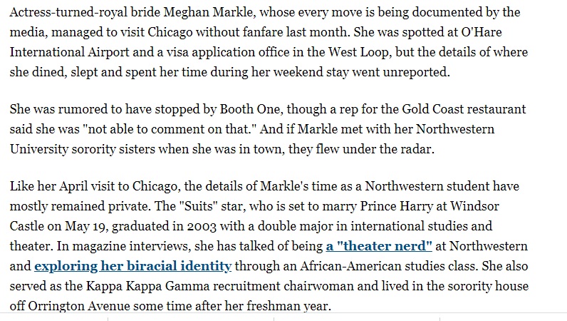 Again how is  #MeghanMarkle, an attention seeker? Her actions are reported on by the media. This article points out she managed to visit Chicago without fanfare. She was naturally spotted in some places. But no one knows where she dined, slept & spent her time during her weekend.