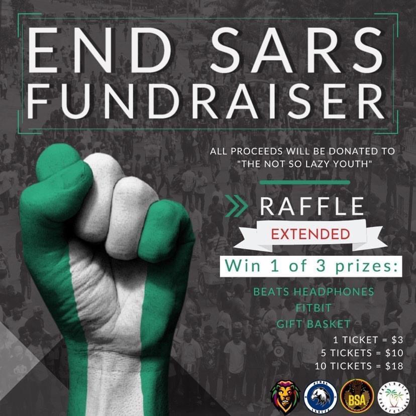 MYUTMAC's tweet photo. END SARS
When you donate you’ll be put into a raffle to win one of three prizes!
Prizes: 
Beats headphones 
Fitbit 
Gift basket

$3 for 1 ticket 
$10 for 5 tickets 
$18 for 10 tickets 

All donations go to “Not So Lazy Youth”. Link is in our bio! https://t.co/L6oIiv4UNN