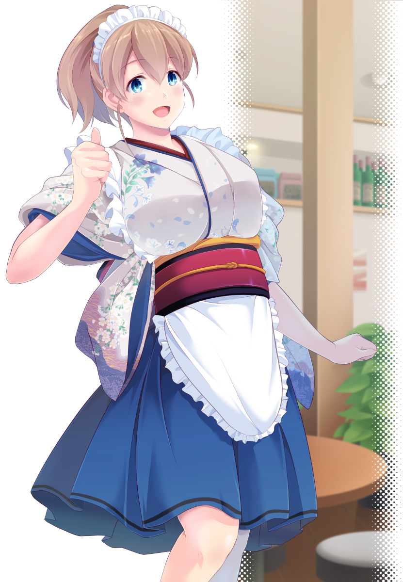 intrepid (kancolle) 1girl solo blue eyes apron ponytail brown hair japanese clothes  illustration images
