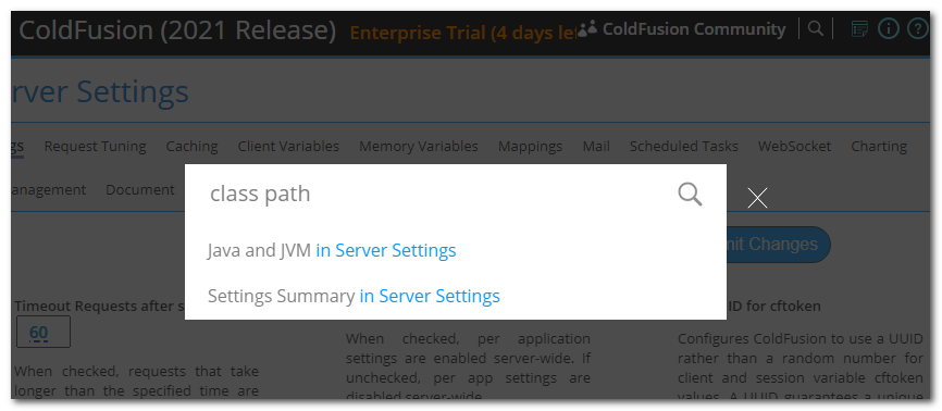 gamesover's tweet image. I'm testing #ColdFusion 2021 using #CommandBox. There's no "Java and JVM" section to edit global java class path. Is this missing from ACF2021 or hidden due to using with CommandBox? It shows up when I search, but it isn't accessible via result link or top menu. #cfml