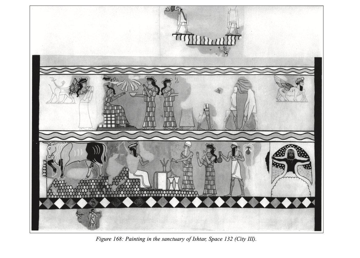 24/ The Ishtar Chapel PaintingThis mesmerizing painting was found in many fragments in the Royal Palace of Mari, specifically in a chapel dedicated to the goddess Ishtar, and dates back to the time of its construction ca. 2000 BCE.