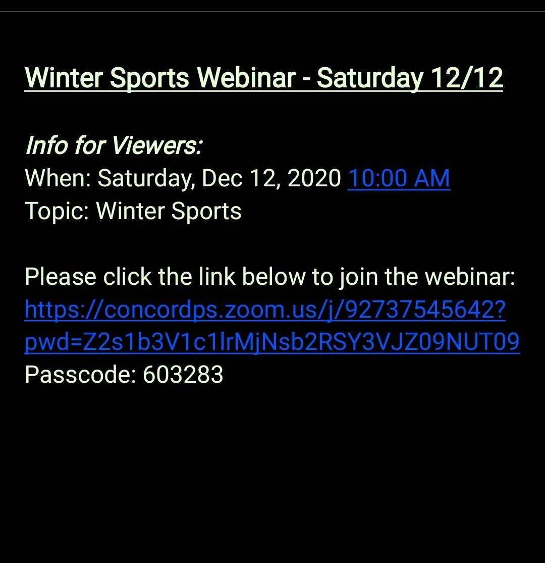 Winter sports webinar rescheduled to Saturday morning at 10am. Recommended for students/parents registered for basketball, hockey, fencing, swim and dive, alpine ski and nordic ski. <a href="/CCHS_GHockey/">Concord-Carlisle Girls Varsity Hockey</a> <a href="/CCPats_BHockey/">Concord-Carlisle Boys Hockey</a> @cchsgvbb <a href="/CCHSFencing/">CCHS Fencing</a> <a href="/CchsSki/">CCHS Alpine Ski</a>