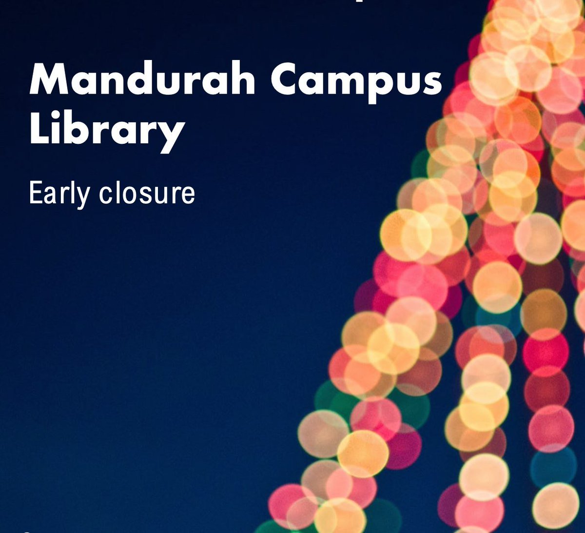 The Mandurah Campus Library will close for the year at 4pm on Friday 11th December and will reopen on Monday 4th January 2021. 
Click below for further details👇
libguides.murdoch.edu.au/blog/Early-clo…