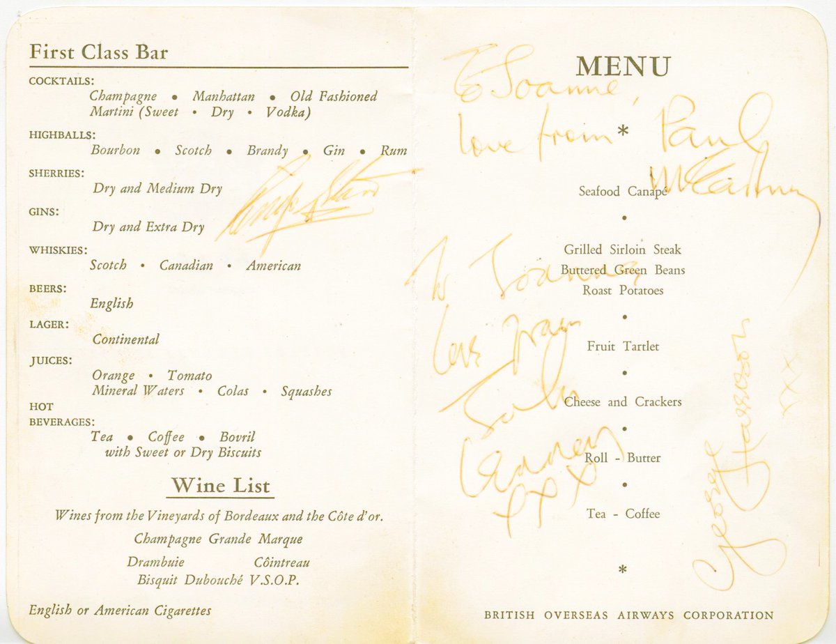 We have this vintage original menu created for The Beatles on their flight to the Bahamas where they would shoot the band's dedicated theatrical feature, Help!, which contributed to the development and popularity of music videos 🤩 It is projected to go for $4,000-$6,000!