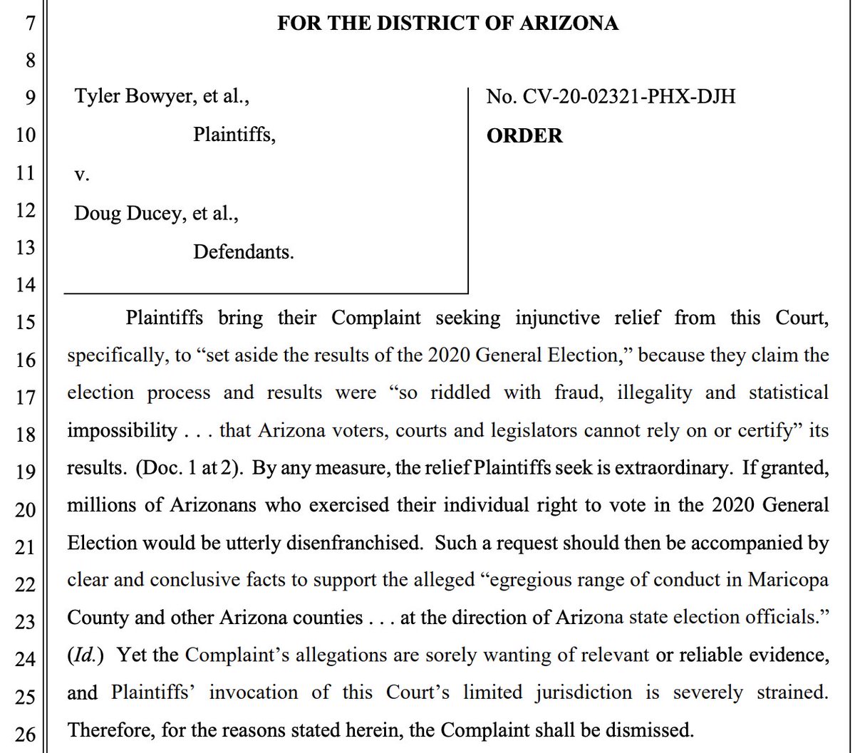 New: A federal judge has dismissed Sidney Powell's election challenge in Arizona  http://scribd.com/document/487565633/12-9-20-Bowyer-v-Ducey-Order"...the Complaint’s allegations are sorely wanting of relevant or reliable evidence, and Plaintiffs’ invocation of this Court’s limited jurisdiction is severely strained."