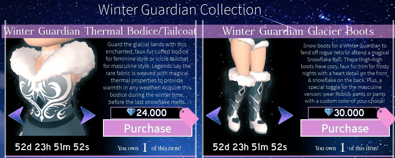 Royale High Rh Update 12 9 The Winter Guardian Collection Is Now On Sale In Private Servers For 117k Diamonds This Set Was Created By Two Talented Individuals Queenchroma