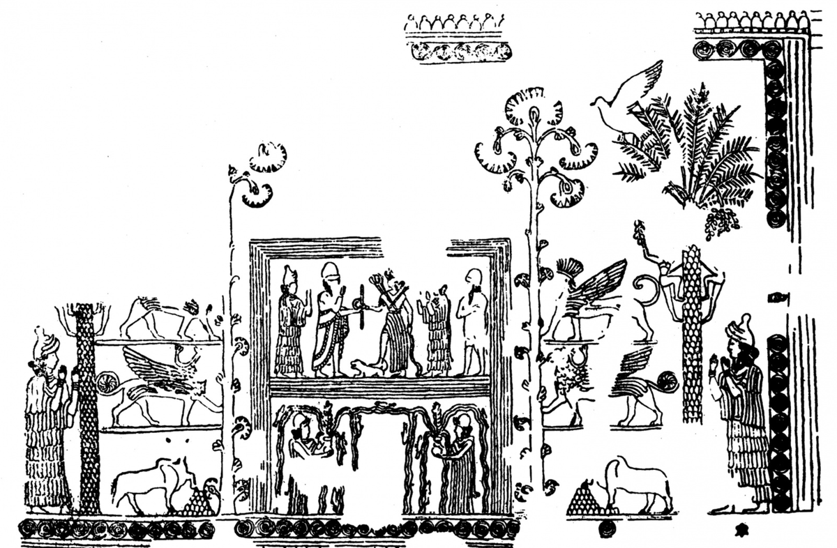30/ In Margueron's words: "The Painting of the Investiture is certainly the richest pictorial work of all those brought to light by Near Eastern archaeology so far. It would even appear to be the first modern painted work in history."Below: drawing of the Investiture painting