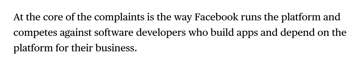 17/ What do these 3 VR devs have in common?They all compete with Facebook's 1st party app roadmap.Bloomberg: "At the core of the complaints is the way Facebook runs the platform & competes against software developers who build apps & depend on the platform for their business."
