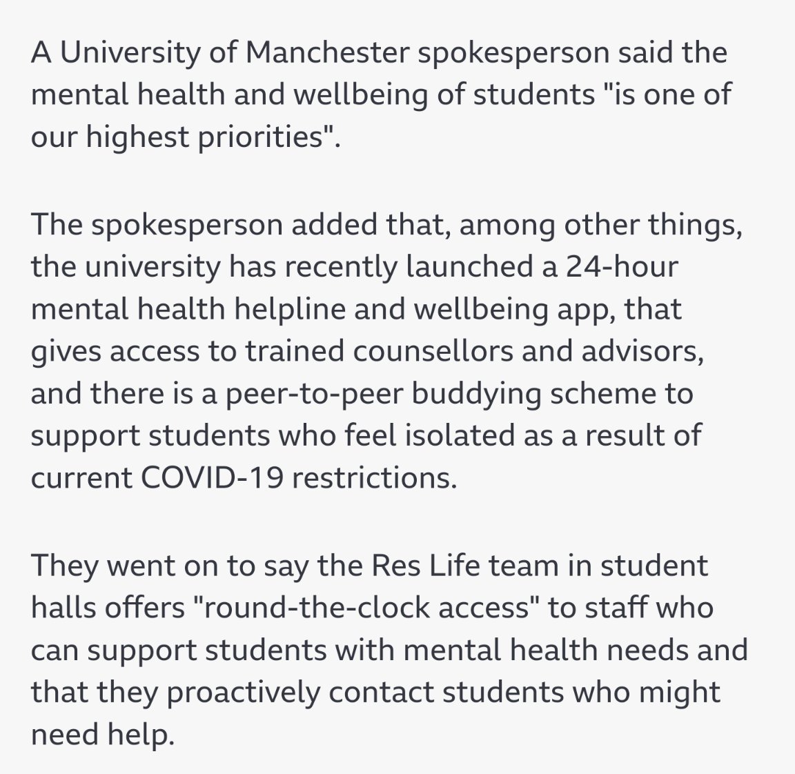 Since Finn's death Manchester Uni have recently introduced a 24/7 helpline