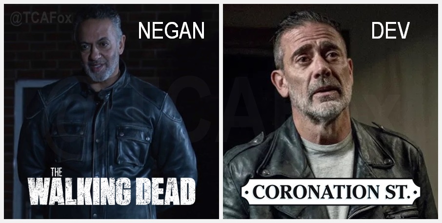 TCAFox's tweet image. Is Negan Dev or is Dev Negan...? Either way, someone&apos;s suing someone.

@GimmeJimmi &apos;s Dev Alahan was a Lucille away from becoming @TheWalkingDead&apos;s Negan on Wednesday&apos;s @itvcorrie.