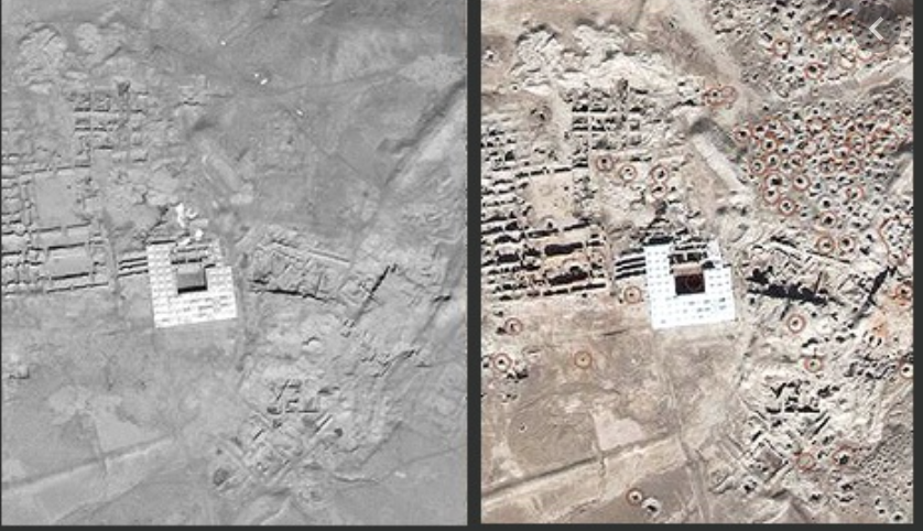 By the advent of the Syria crisis in 2011, reports of massive looting and destruction were perpetuated with regards to its most important sites. Mari, unfortunately, fell in this lineup of destroyed sites. Below is a before and after shot of the main palace area.