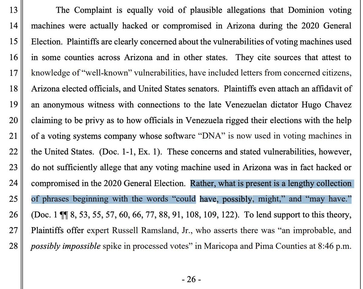 Re: the conspiracy theory of a scheme to hack/manipulate ballots through Dominion voting systems, the judge writes: "Rather, what is present is a lengthy collection of phrases beginning with the words 'could have, possibly, might,' and 'may have.'"