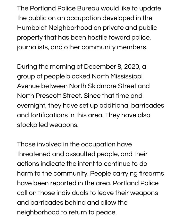  #Portland  #PDX“Those involved in the occupation have threatened and assaulted people, and their actions indicate the intent to continue to do harm to the community” https://twitter.com/portlandpolice/status/1336832562128441350?s=21