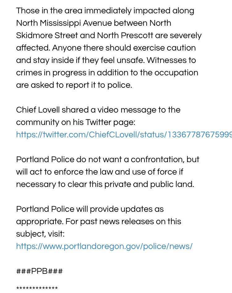  #Portland  #PDX“Those involved in the occupation have threatened and assaulted people, and their actions indicate the intent to continue to do harm to the community” https://twitter.com/portlandpolice/status/1336832562128441350?s=21