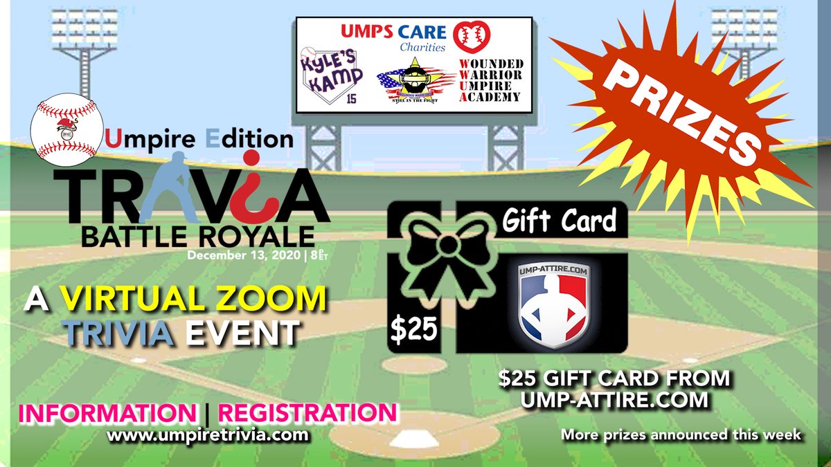 Umpire Trivia Prizes - Thank you Ump-Attire.com
$25 Gift Cards 💲💲💲 from <a href="/umpattirecom/">Ump Attire</a>  📅 THIS SUNDAY 8 PM EST.  Sign Up 👉 ow.ly/DA5T50CHs1M 👥👥 ALL are WELCOME ‼️
In support of great charities:
⚾ <a href="/KylesKamp/">Kyle's Kamp</a> 
⚾ <a href="/UmpsCare/">UmpsCare ⚾️</a> 
⚾ @WWUA2014