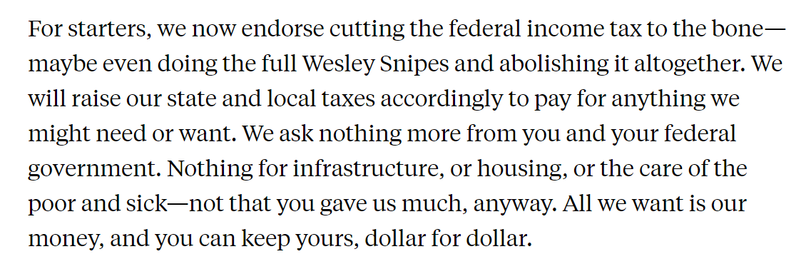 So: What are we in Blue America going to do about it? What would it mean to remove ourselves as far as possible from the federal government? https://newrepublic.com/article/140948/bluexit-blue-states-exit-trump-red-america