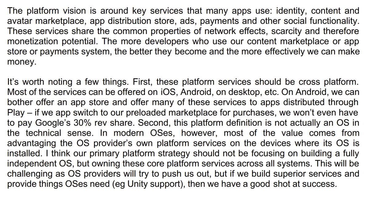 23/ The alleged email describes Zuckerberg's 2nd most important pillar, which is the the platform services of "identity, content & avatar marketplace, app distribution store, ads, payments" @VRDesktop allows streaming of VR content outside of FB's control. https://www.scribd.com/document/399594551/2015-06-22-MARK-S-VISION#from_embed