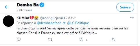 Pour mettre ces tweets en perspective, Demba Ba est français, né, grandi et formé en France. Il a dit pour sa carrière avoir regretté de ne pas avoir joué en Equipe de France. Il n'avait de tte façon pas le niveau, jamais appelé. Binational, il jouera finalement avec le Sénégal.