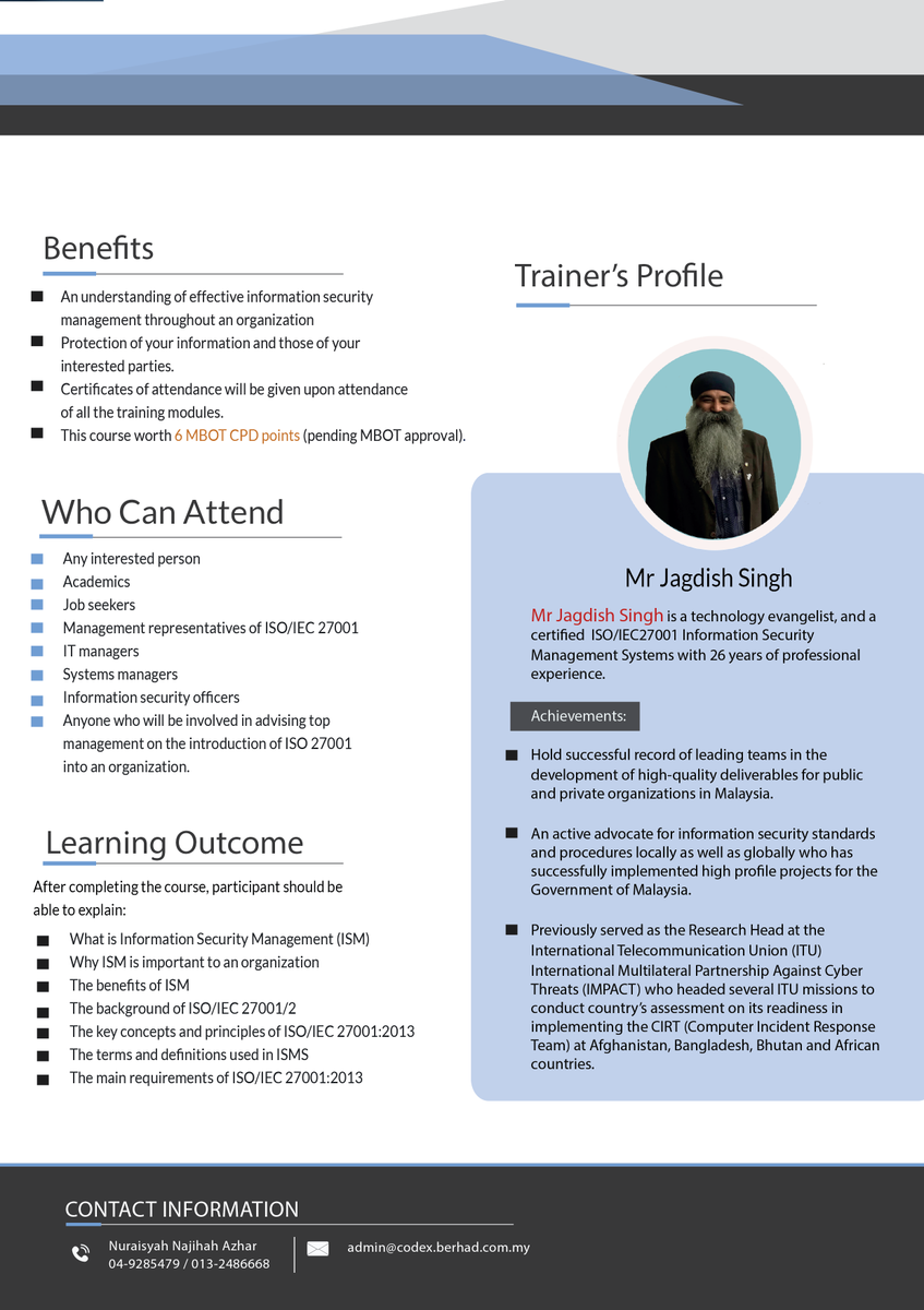 isoc_my's tweet photo. ISOC-MY in collaboration with the CodeX Kedah Berhad and the UUM InterNetWorks Research Laboratory is organizing one-day course on  Introduction to Information Security Management System (ISMS). Information regarding this course can be found in the attached poster. https://t.co/OOuXTLm7eT