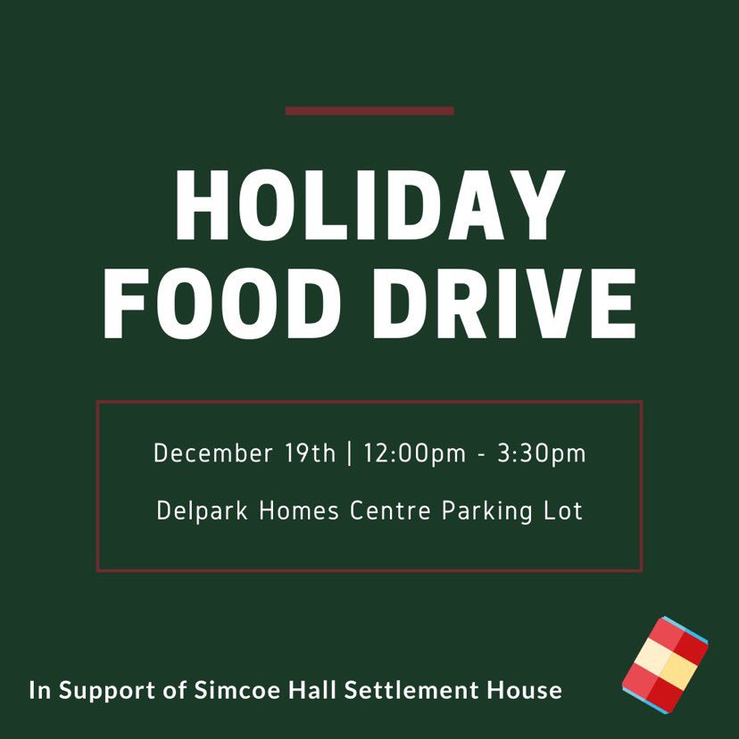 I have teamed up with Simcoe Hall Settlement House for a Holiday Food Drive to help put food on the table for those in need. Come bring your perishable food items to Delpark Homes Centre Parking Lot from 12 - 3:30pm on December 19th.  We’ll take the food right from your trunk🥫🚗