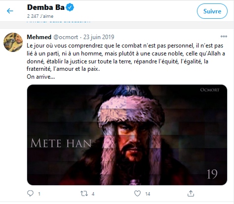 Demba Ba n'est en revanche pas Turc mais ce dont il rêve sans filtre (!), avec son ami Jacques Faty, est le rétablissement du califat islamique depuis la Turquie. Et  #Erdogan comme icône. Au passage ce projet politique n'est pas compatible avec les valeurs UEFA  @UEFAcom_fr.