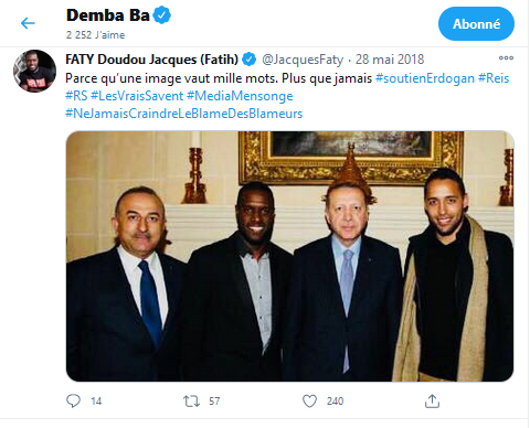 Demba Ba n'est en revanche pas Turc mais ce dont il rêve sans filtre (!), avec son ami Jacques Faty, est le rétablissement du califat islamique depuis la Turquie. Et  #Erdogan comme icône. Au passage ce projet politique n'est pas compatible avec les valeurs UEFA  @UEFAcom_fr.