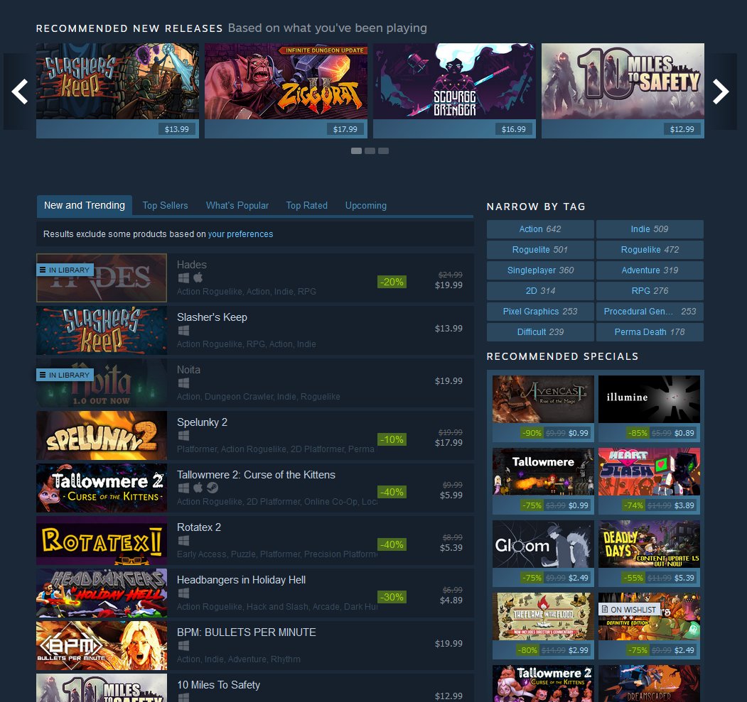 What this feature does is give a dedicated "home" to just about every sizeable niche on steam. These pages have all the stuff - carousels, recommended new releases, and individual charts (New & Trending, Top Sellers, What's Popular, Top Rated, Upcoming) https://store.steampowered.com/category/action_rogue_like