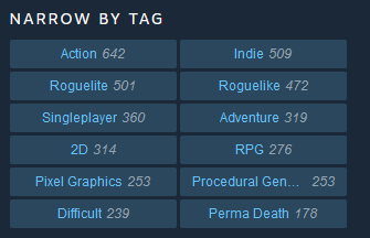 It's a little window into one slice of Steam, linked straight off the front page.There's a little bucket of what they call "facets" too to subdivide what you see further.Maybe they'll expand these in the future to how we do 'em on Game Data Crunch? https://www.gamedatacrunch.com/steam/list/all/reviews_total/?filter=t42804&field=title,release_date,price,ea_status,review,reviews_total