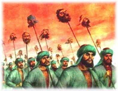 7/nThe heads were stuffed with straw, and stuck on Bamboo spears, their long hair streaming in the wind like a veil, and along with them to show that every living thing in Gurdaspur had been killed by the Muslims, a symbolic dead cat on a pole.