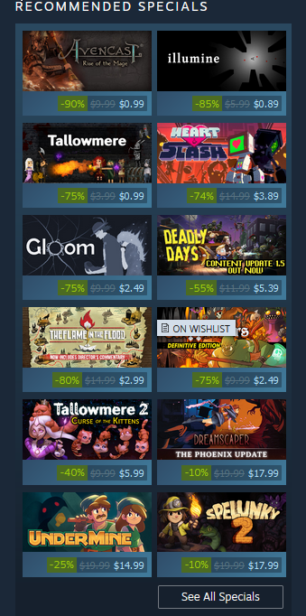 So this is the homepage for Action Roguelikes. WITHIN this page there's homes for new games, for upcoming games, for popular games, and for specials.