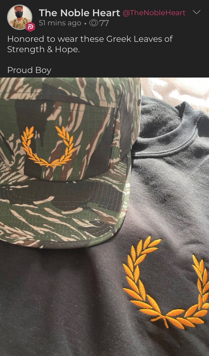 This member of the Proud Boys hate group dog-whistles with a hat featuring the distinctive "rhodesian brushstroke" camoflage pattern from the white supremacist state fetishized by neo-Nazis like mass-murderer Dylann Roof  https://twitter.com/RoseCityAntifa/status/1308470547924230144  https://twitter.com/RWParlerWatch/status/1336800917073489920