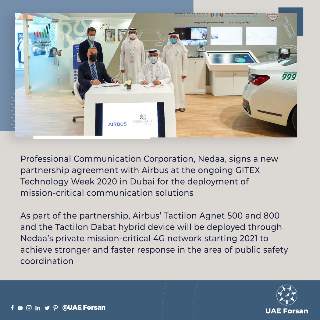 UAE_Forsan's tweet photo. Professional Communication Corporation, #Nedaa, signs a new partnership agreement with Airbus at the ongoing #GITEXTechnologyWeek 2020 in Dubai for the deployment of mission-critical communication solutions
@NedaaDXB
@GITEXTechWeek https://t.co/Ic1L5Xlbjb