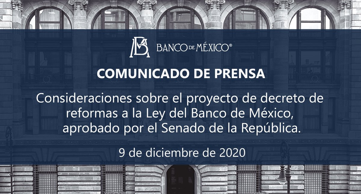 Banxico's tweet image. El#BancodeMéxico da a conocer las consideraciones adicionales sobre las reformas aprobadas el día de hoy a su Ley, que destacan la persistencia de riesgos en las operaciones del Banco Central.

tinyurl.com/y6436q74