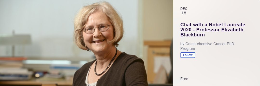 PeterMacRes's tweet photo. Ever wanted to quiz a Nobel Laureate? For Research Education's last major event of 2020 meet Prof Elizabeth Blackburn & learn about the woman behind the prize. Hosted by @DrShaneRRR. All welcome (not just #cancerphd students!).
Register to attend webinar: https://t.co/Ct51eirxcD https://t.co/fCBwfXRWb1