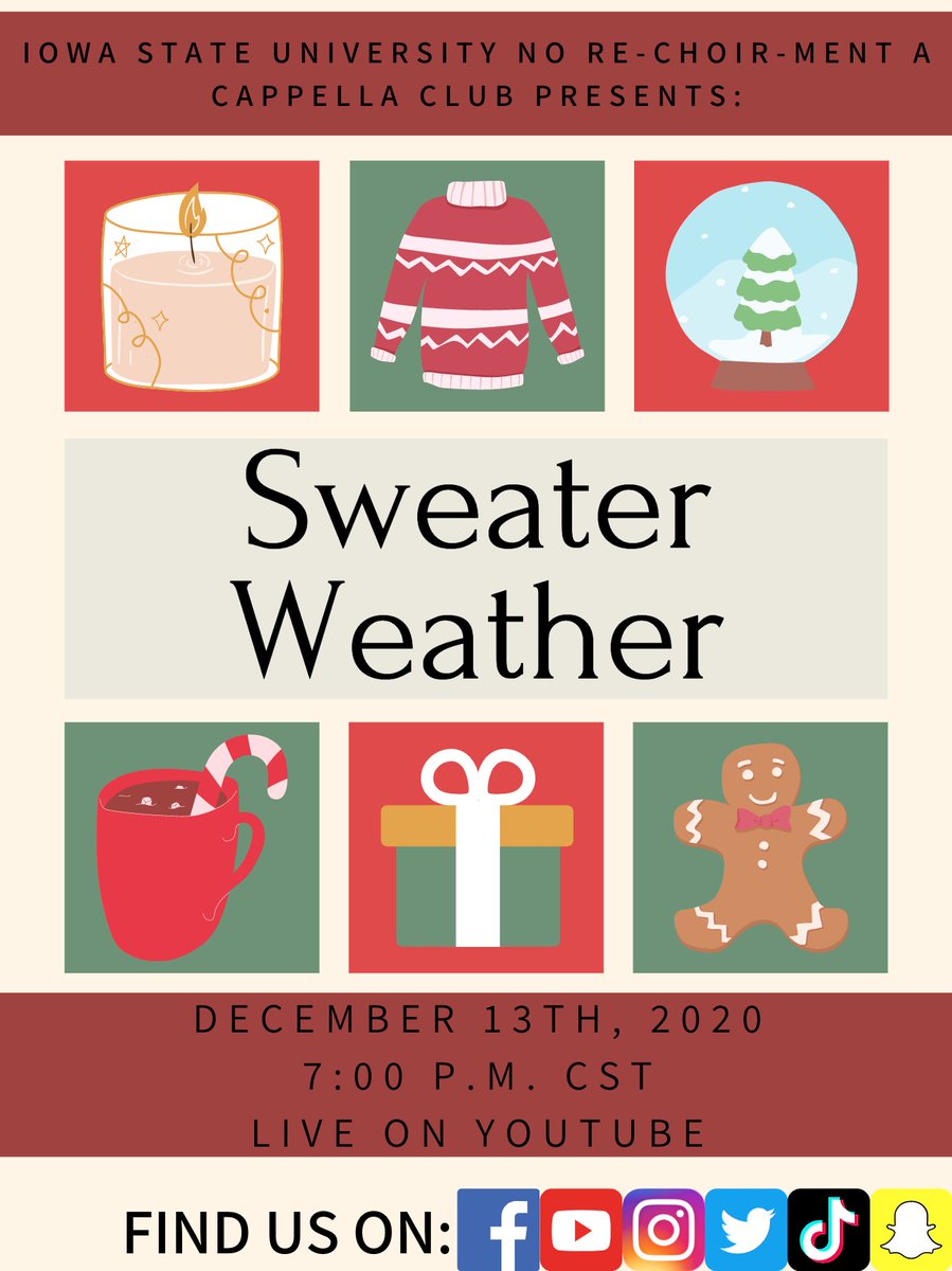 Come join our virtual end of semester show, Sweater Weather! It will be premiered as a livestream on December 13th at 7:00 PM CST on our Youtube channel linked here: youtube.com/channel/UCo-ih…