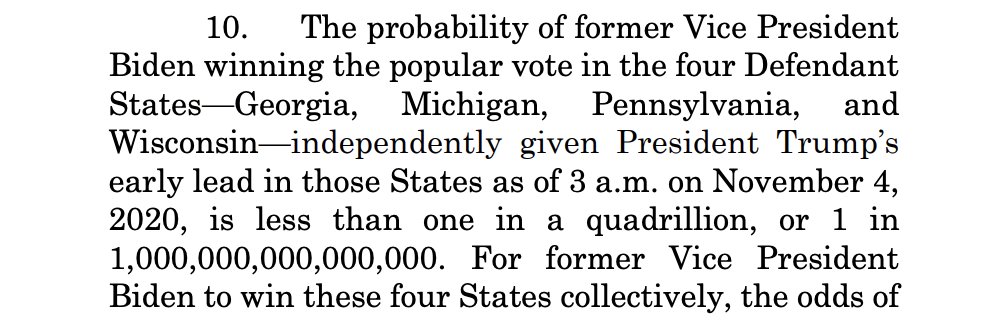 1/  @TXAG , himself currently under indictment for securities fraud, and apparently also under investigation by my former agency for public corruption, is suing to have other states' citizens' votes thrown out in a bizarre filing laden with impressive-looking bits like this:
