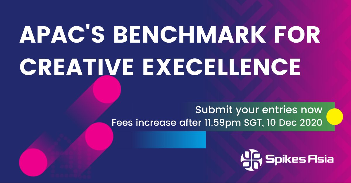 SpikesAsia's tweet image. Get your Spikes Awards and Tangrams Awards early entries ready to be submitted before 11.59pm SGT tonight! Fees will increase after today.
Spikes Awards info: bddy.me/3gw4ETi
Tangrams Awards info: bddy.me/3n3CeT9

#SpikesAsia #SpikesAwards #TangramsAwards