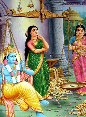 A worried Sathyabhama looked at Krishna. Shri Krishna told her to consult Rukmini. Sathyabhama went to Rukmini and informed her everything. Rukmini assured to help Sathyabhama and plucked a single leaf of Tulasi (Basil) while walking to the hall.