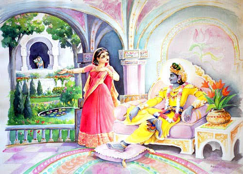 Sathyabhama was sure that she have enough wealth to balance Krishna.She went to Krishna and told about her vow to Narada. Krishna patiently listened to her and accepted the challenge. Satyabhama arranged to bring large scales to weigh and brought all her precious jewels.