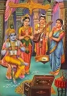 She walked towards the balance and praying to Krishna, placed the single Tulasi leaf on piled up wealth. The pan containing Krishna flew up.Satyabhama looked to Krishna for explanation. Krishna asked her to remove the wealth from balance. She removed all riches until nothing