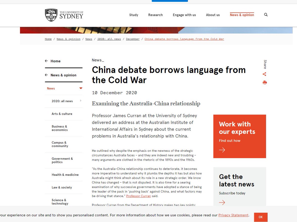 Australia: "China debate borrows language from the Cold War" by  @j_b_curran  “The China threat narrative emphasises a sense of sometimes feverish alarm over what it sees as Beijing’s capacity to gradually erode the democratic foundations of Australia" https://www.sydney.edu.au/news-opinion/news/2020/12/10/china-debate-borrows-language-from-the-cold-war.html