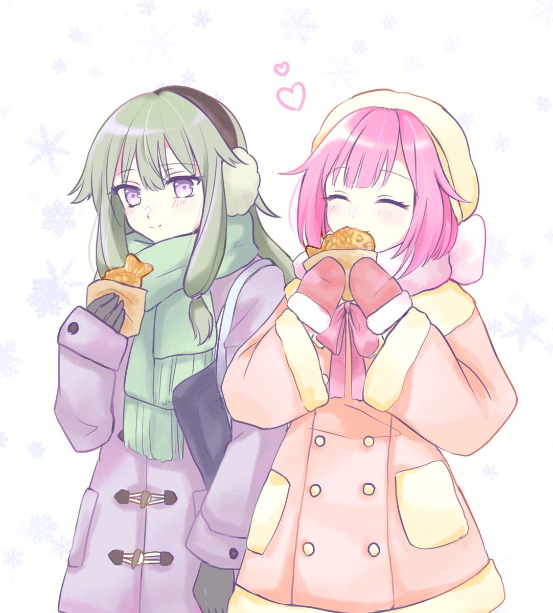 2girls multiple girls scarf coat winter clothes taiyaki pink hair  illustration images