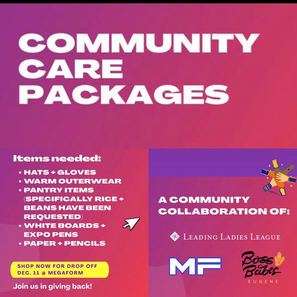 JessCristobaLLL's tweet image. Hey #Eugene! We’re collecting items for #communitycarepackages for local schools and their onsite food pantries. Drop off is Fri, Dec 11 from 1-4:30pm at #MegaForm (address in comments). See you there! #GoDucks #giveback