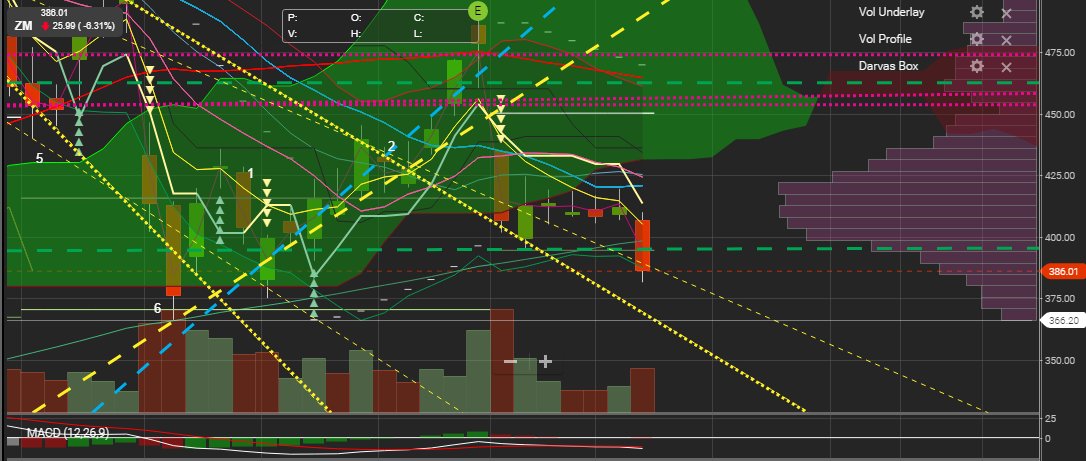 eQ_Money's tweet photo. $ZM now at $386, lots of support lost, including S1 and 100DMA. Looks like lower level is $375-$366 in the cards now. #GBI #2020TradingNotes https://t.co/Ge4JZNm8XH